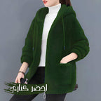 ملابس بناتي مودرن بتصميم عصري أنيق، جاكيت فرو أخضر مع قبعة وأكمام طويلة